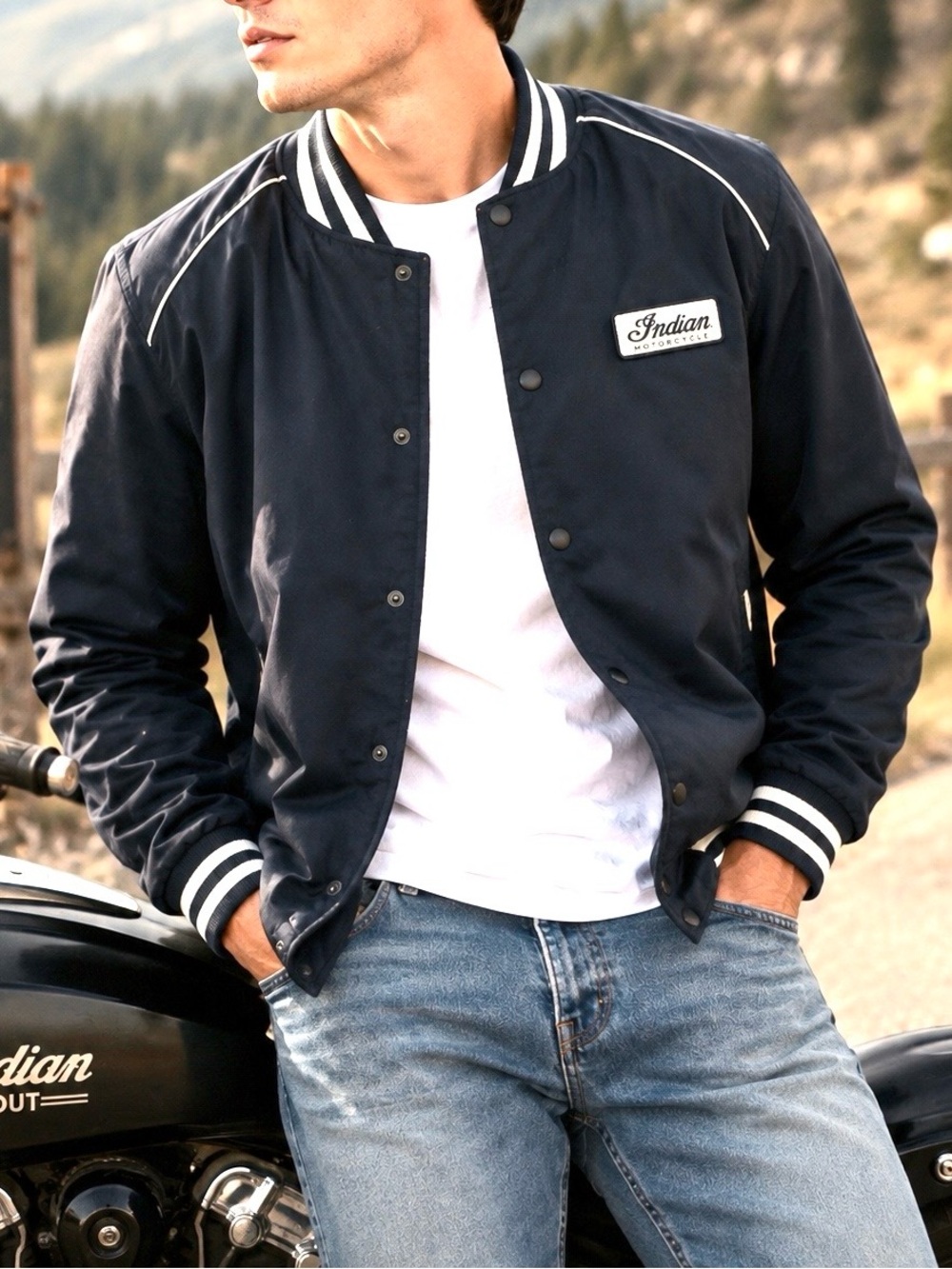 Indian Motorcycle Navy Varsity Retro Bomber Jacket